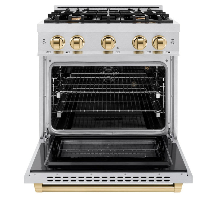 ZLINE Autograph 30" 4.2 cu. ft. Select Gas Range with 4 Burners in DuraSnow® Stainless Steel and Polished Gold Accents, HGRSZ-30-G