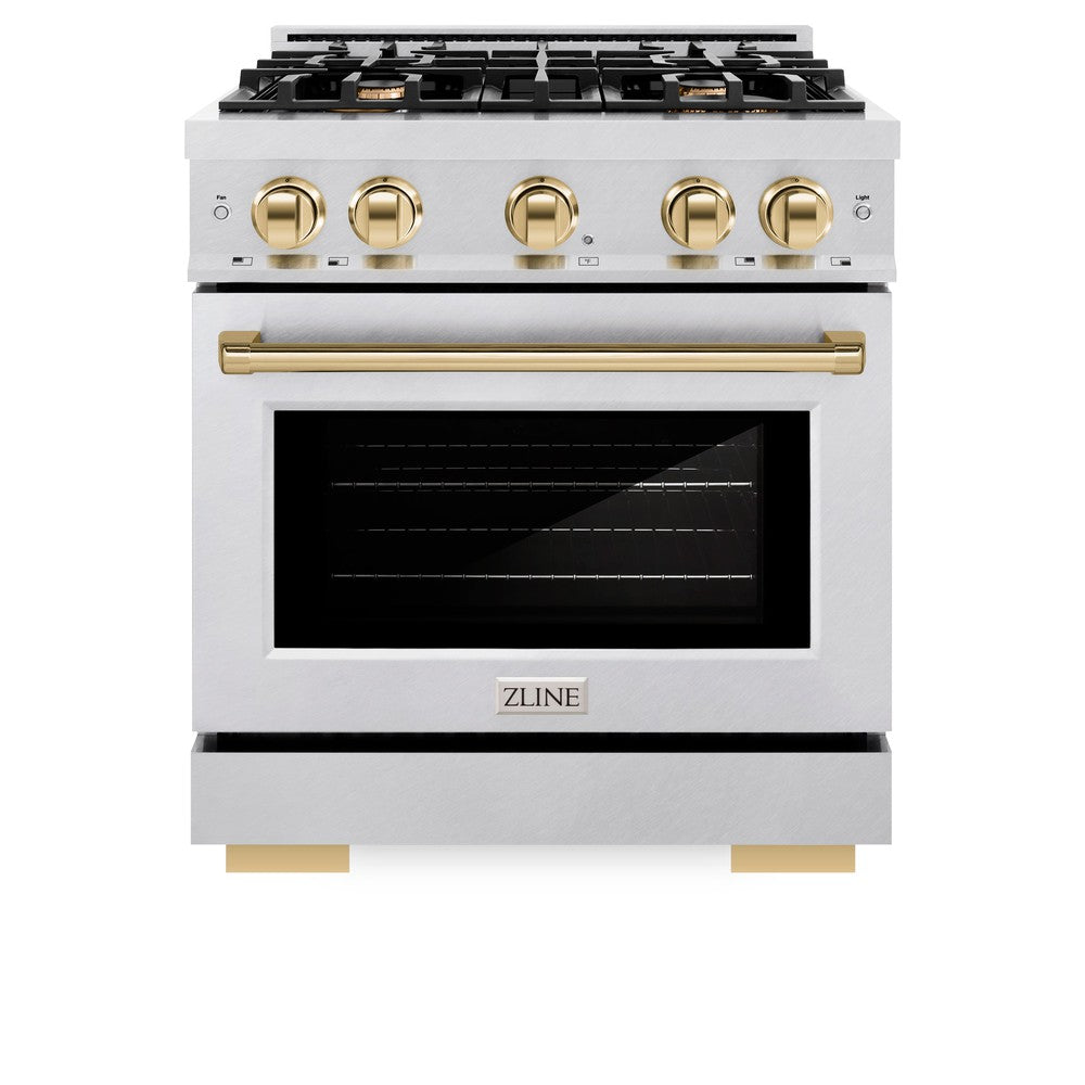 ZLINE Autograph 30" 4.2 cu. ft. Select Gas Range with 4 Burners in DuraSnow® Stainless Steel and Polished Gold Accents, HGRSZ-30-G