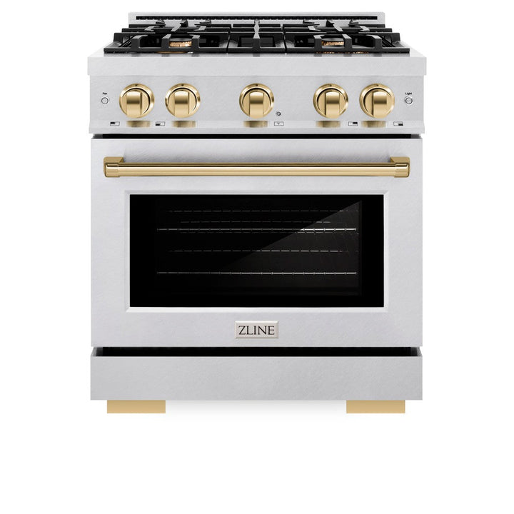 ZLINE Autograph 30" 4.2 cu. ft. Select Gas Range with 4 Burners in DuraSnow® Stainless Steel and Polished Gold Accents, HGRSZ-30-G