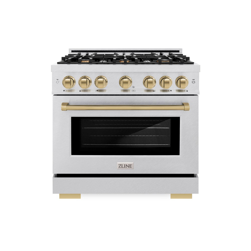 ZLINE Autograph 36" 5.2 cu. ft. Select Gas Range with 6 Burners in DuraSnow® Stainless Steel and Champagne Bronze Accents, HGRSZ-36-CB