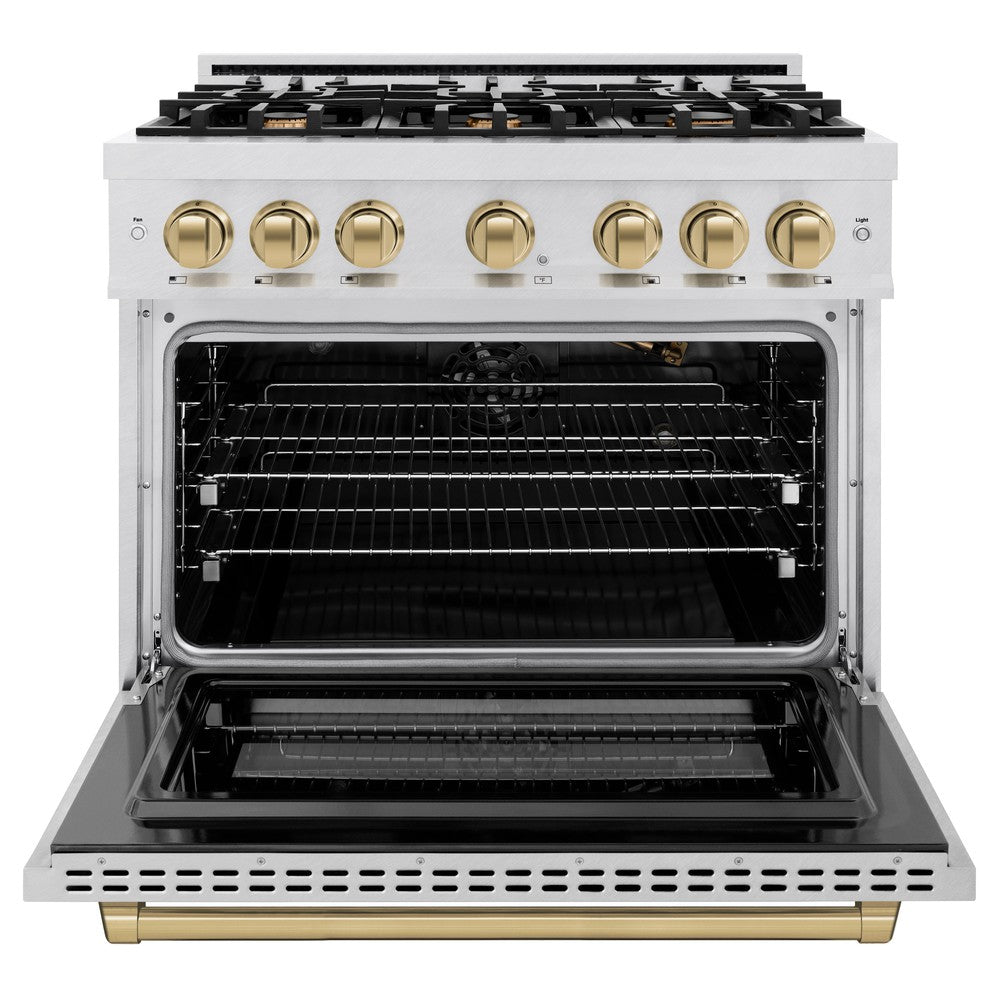 ZLINE Autograph 36" 5.2 cu. ft. Select Gas Range with 6 Burners in DuraSnow® Stainless Steel and Champagne Bronze Accents, HGRSZ-36-CB