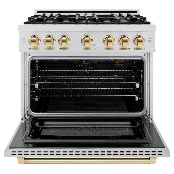 ZLINE Autograph 36" 5.2 cu. ft. Select Gas Range with 6 Burners in DuraSnow® Stainless Steel and Polished Gold Accents, HGRSZ-36-G