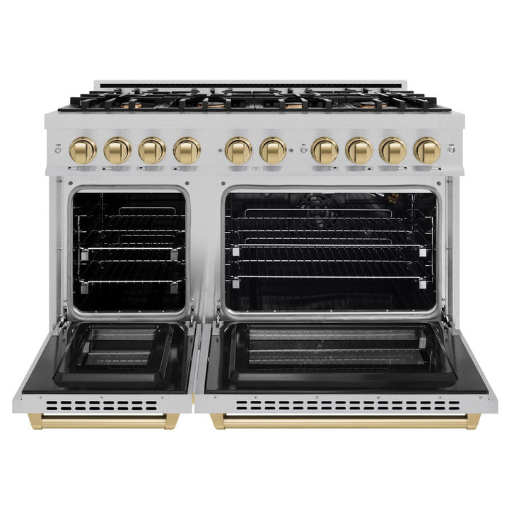 ZLINE Autograph 48" 6.7 cu. ft. Select Double Oven Gas Range with 8 Burners in DuraSnow® Stainless Steel and Champagne Bronze Accents, HGRSZ-48-CB