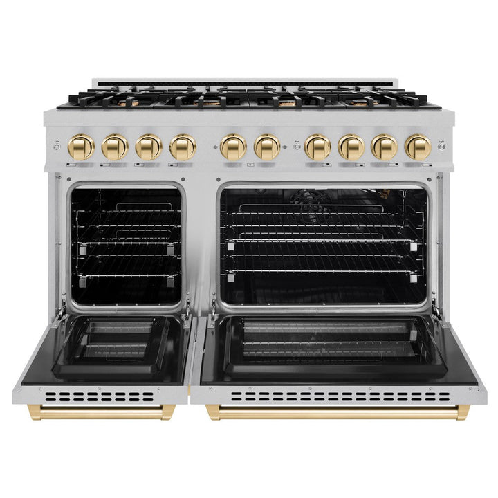 ZLINE Autograph 48" 6.7 cu. ft. Select Double Oven Gas Range with 8 Burners in DuraSnow® Stainless Steel and Polished Gold Accents, HGRSZ-48-G