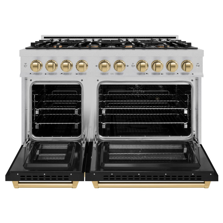 ZLINE Autograph 48" 6.7 cu. ft. Select Double Oven Dual Fuel Range with 8 Burners in DuraSnow® Stainless Steel with Black Matte Doors and Champagne Bronze Accents, HDRSZ-BLM-48-CB