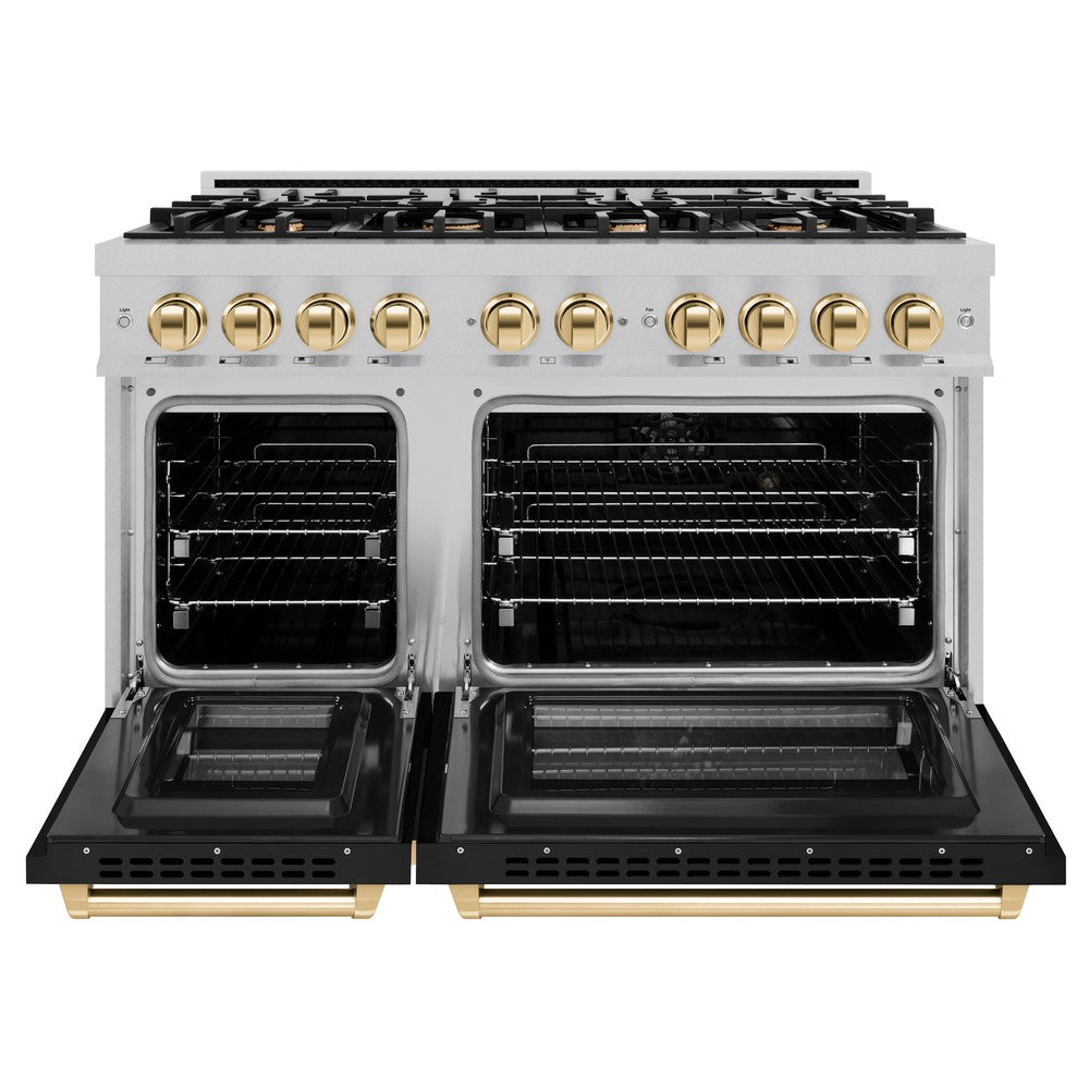 ZLINE Autograph 48" 6.7 cu. ft. Select Double Oven Dual Fuel Range with 8 Burners in DuraSnow® Stainless Steel with Black Matte Doors and Polished Gold Accents, HDRSZ-BLM-48-G