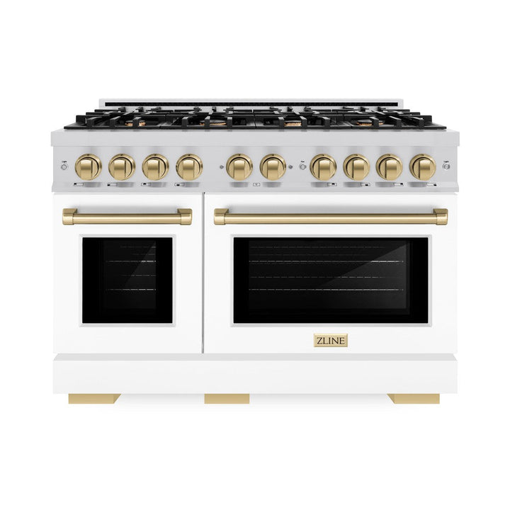 ZLINE Autograph 48" 6.7 cu. ft. Select Double Oven Dual Fuel Range with 8 Burners in DuraSnow® Stainless Steel with White Matte Doors and Champagne Bronze Accents, HDRSZ-WM-48-CB