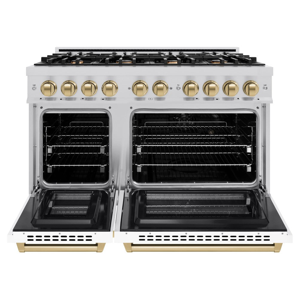 ZLINE Autograph 48" 6.7 cu. ft. Select Double Oven Dual Fuel Range with 8 Burners in DuraSnow® Stainless Steel with White Matte Doors and Champagne Bronze Accents, HDRSZ-WM-48-CB