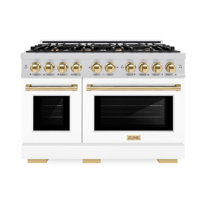 ZLINE Autograph 48" 6.7 cu. ft. Select Double Oven Dual Fuel Range with 8 Burners in DuraSnow® Stainless Steel with White Matte Doors and Polished Gold Accents, HDRSZ-WM-48-G