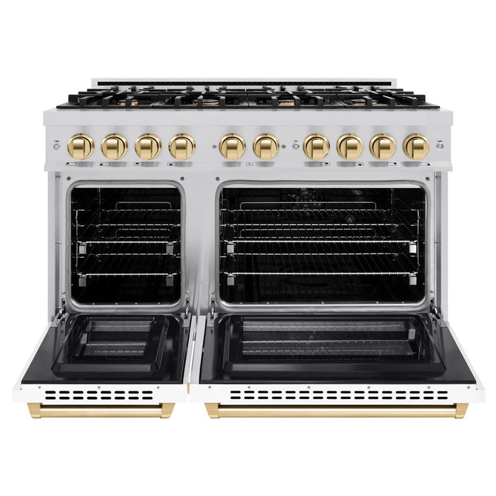 ZLINE Autograph 48" 6.7 cu. ft. Select Double Oven Dual Fuel Range with 8 Burners in DuraSnow® Stainless Steel with White Matte Doors and Polished Gold Accents, HDRSZ-WM-48-G