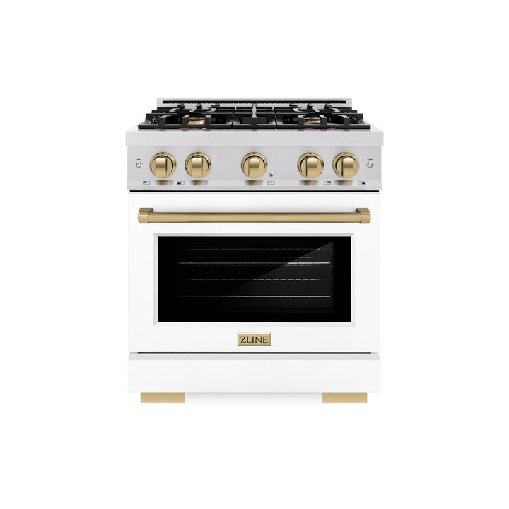 ZLINE Autograph 30" 4.2 cu. ft. Select Dual Fuel Range with 4 Burners in DuraSnow® Stainless Steel with White Matte Door and Champagne Bronze Accents, HDRSZ-WM-30-CB