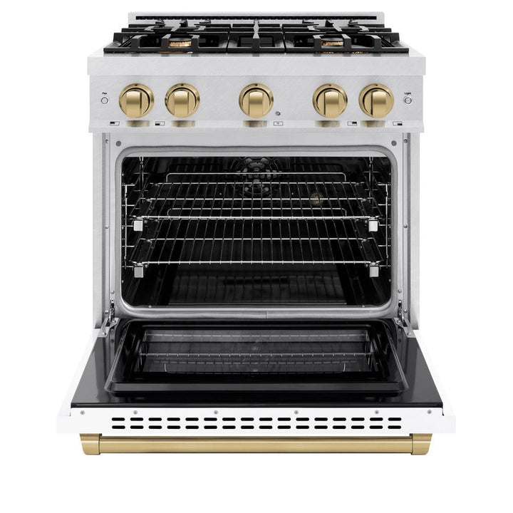 ZLINE Autograph 30" 4.2 cu. ft. Select Dual Fuel Range with 4 Burners in DuraSnow® Stainless Steel with White Matte Door and Champagne Bronze Accents, HDRSZ-WM-30-CB