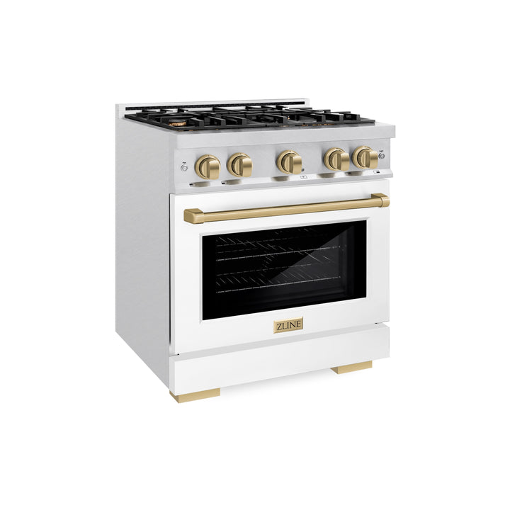 ZLINE Autograph 30" 4.2 cu. ft. Select Dual Fuel Range with 4 Burners in DuraSnow® Stainless Steel with White Matte Door and Champagne Bronze Accents, HDRSZ-WM-30-CB