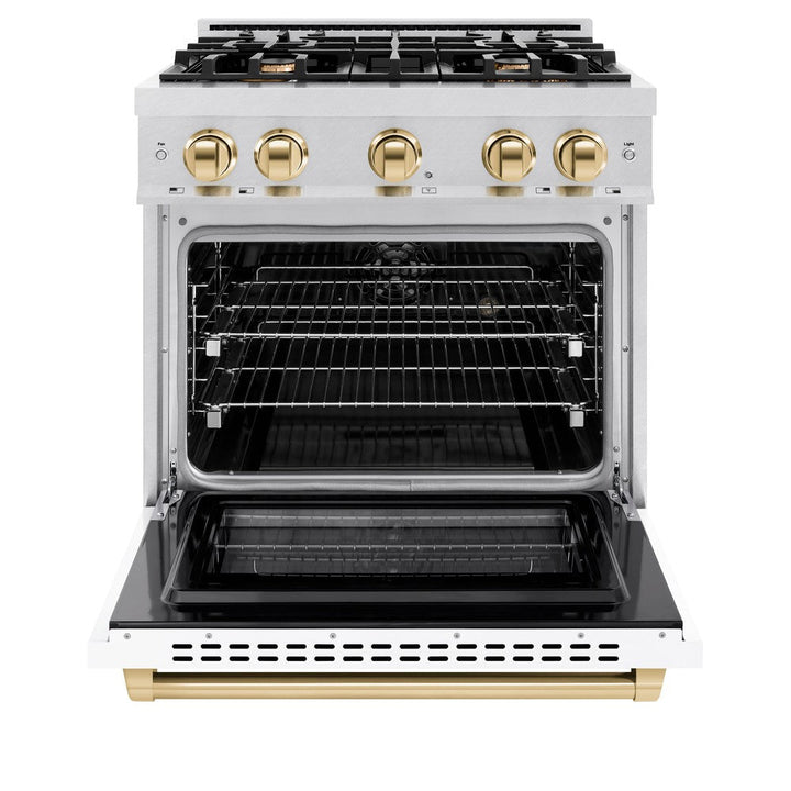 ZLINE Autograph 30" 4.2 cu. ft. Select Dual Fuel Range with 4 Burners in DuraSnow® Stainless Steel with White Matte Door and Polished Gold Accents, HDRSZ-WM-30-G