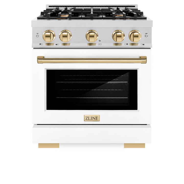 ZLINE Autograph 30" 4.2 cu. ft. Select Dual Fuel Range with 4 Burners in DuraSnow® Stainless Steel with White Matte Door and Polished Gold Accents, HDRSZ-WM-30-G