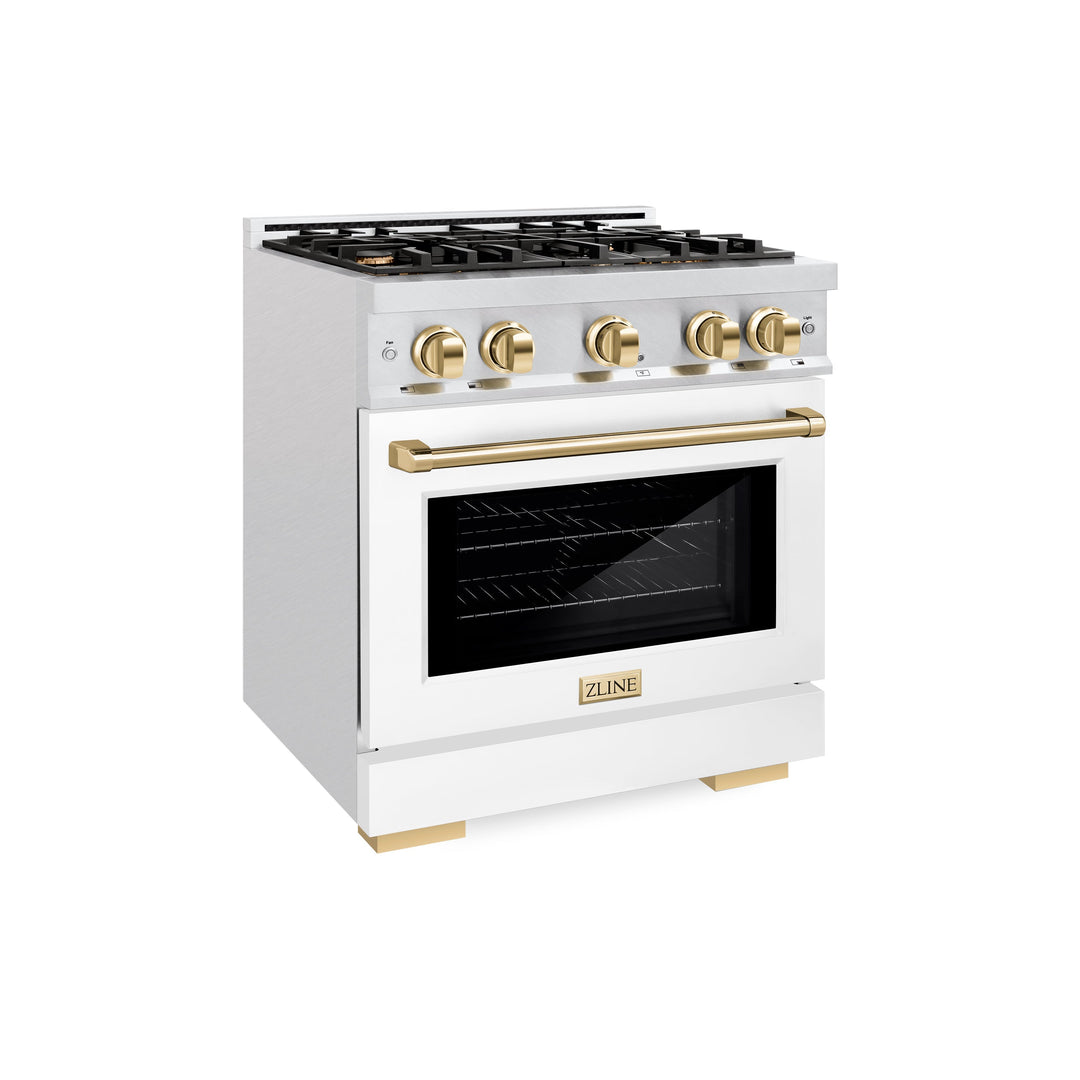 ZLINE Autograph 30" 4.2 cu. ft. Select Dual Fuel Range with 4 Burners in DuraSnow® Stainless Steel with White Matte Door and Polished Gold Accents, HDRSZ-WM-30-G