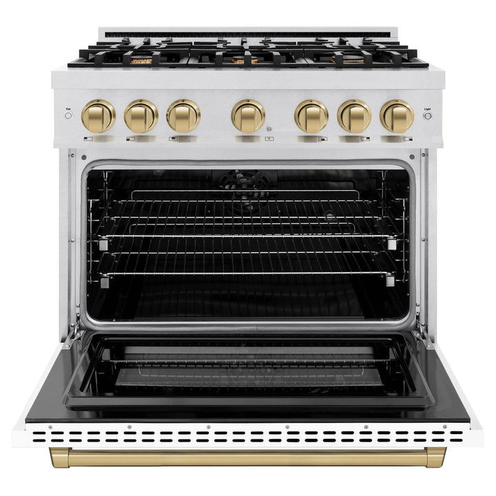 ZLINE Autograph 36" 5.2 cu. ft. Select Dual Fuel Range with 6 Burners in DuraSnow® Stainless Steel with White Matte Door and Champagne Bronze Accents, HDRSZ-WM-36-CB