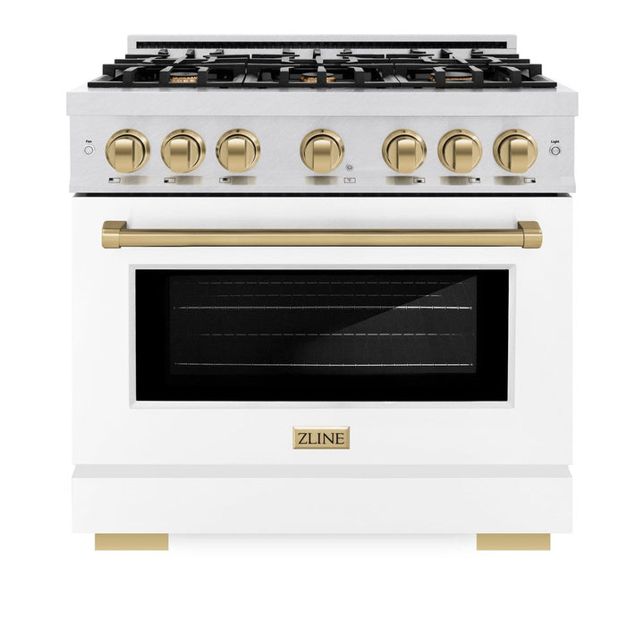 ZLINE Autograph 36" 5.2 cu. ft. Select Dual Fuel Range with 6 Burners in DuraSnow® Stainless Steel with White Matte Door and Champagne Bronze Accents, HDRSZ-WM-36-CB