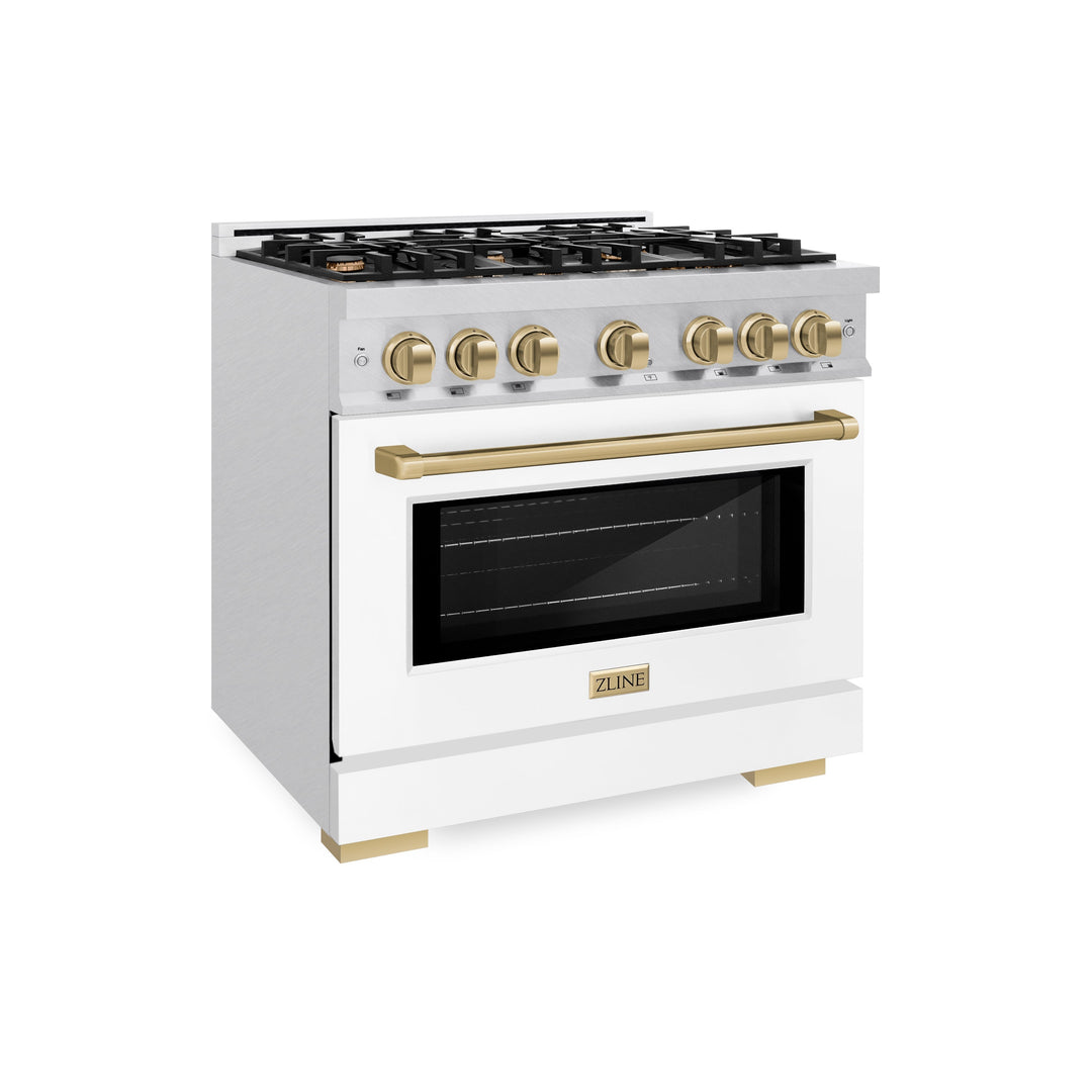 ZLINE Autograph 36" 5.2 cu. ft. Select Dual Fuel Range with 6 Burners in DuraSnow® Stainless Steel with White Matte Door and Champagne Bronze Accents, HDRSZ-WM-36-CB