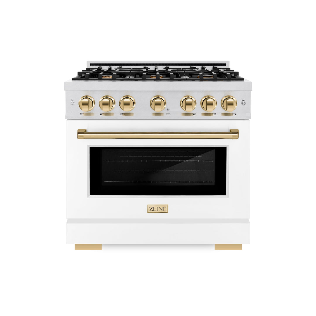 ZLINE Autograph 36" 5.2 cu. ft. Select Dual Fuel Range with 6 Burners in DuraSnow® Stainless Steel with White Matte Door and Polished Gold Accents, HDRSZ-WM-36-G