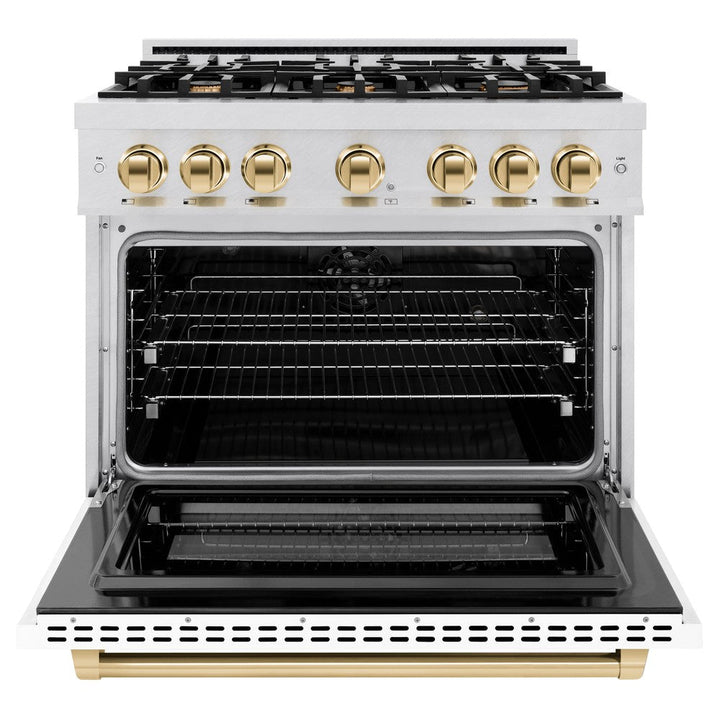 ZLINE Autograph 36" 5.2 cu. ft. Select Dual Fuel Range with 6 Burners in DuraSnow® Stainless Steel with White Matte Door and Polished Gold Accents, HDRSZ-WM-36-G