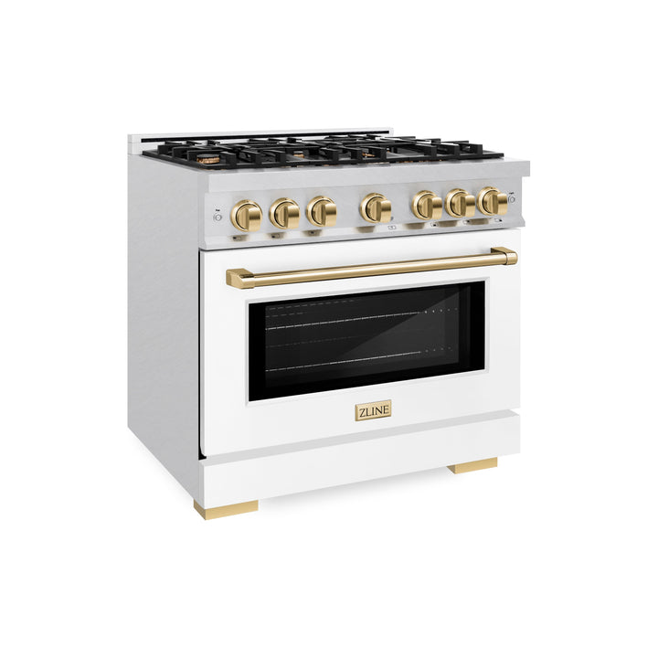 ZLINE Autograph 36" 5.2 cu. ft. Select Dual Fuel Range with 6 Burners in DuraSnow® Stainless Steel with White Matte Door and Polished Gold Accents, HDRSZ-WM-36-G