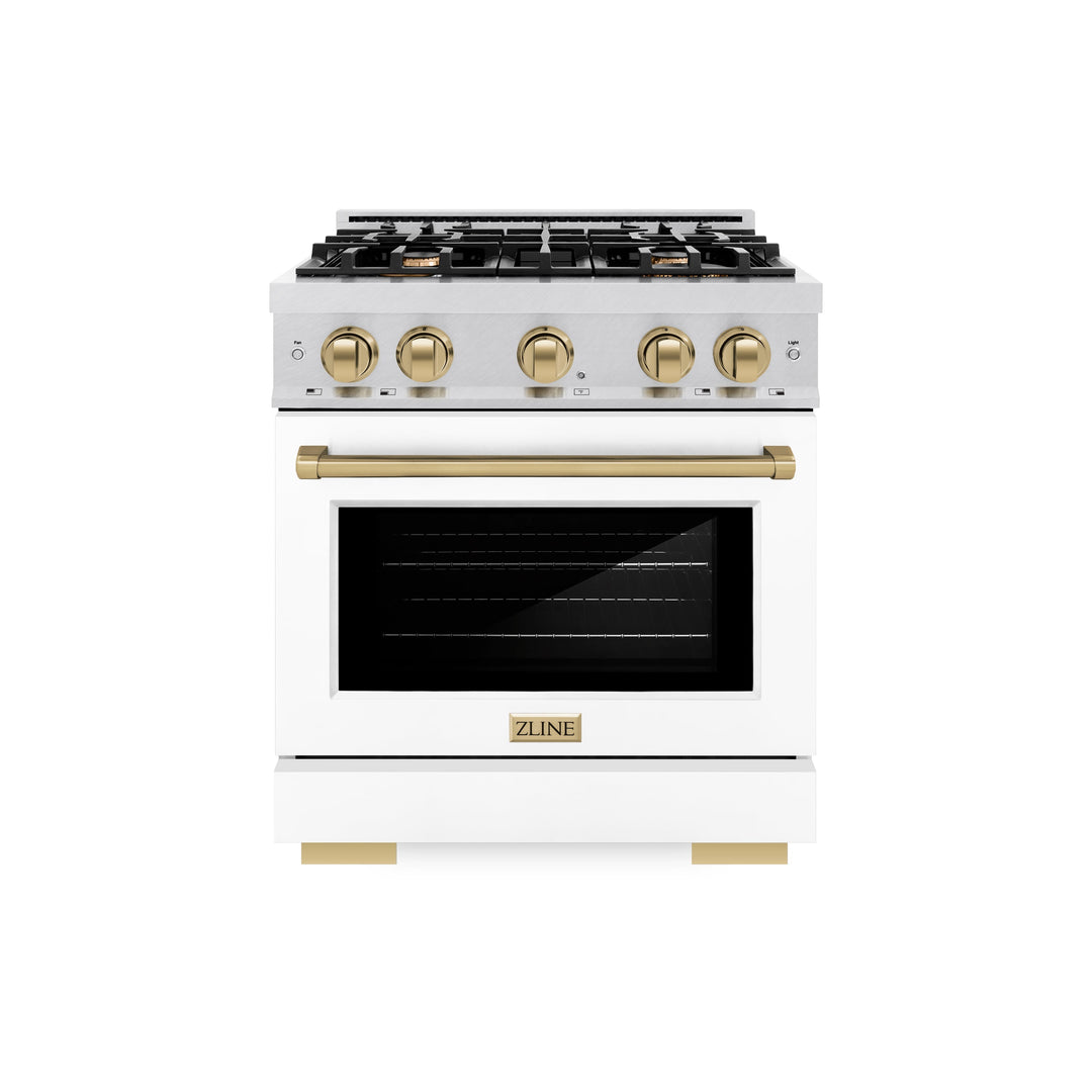 ZLINE Autograph 30" 4.2 cu. ft. Select Gas Range with 4 Burners in DuraSnow® Stainless Steel with White Matte Door and Champagne Bronze Accents, HGRSZ-WM-30-CB