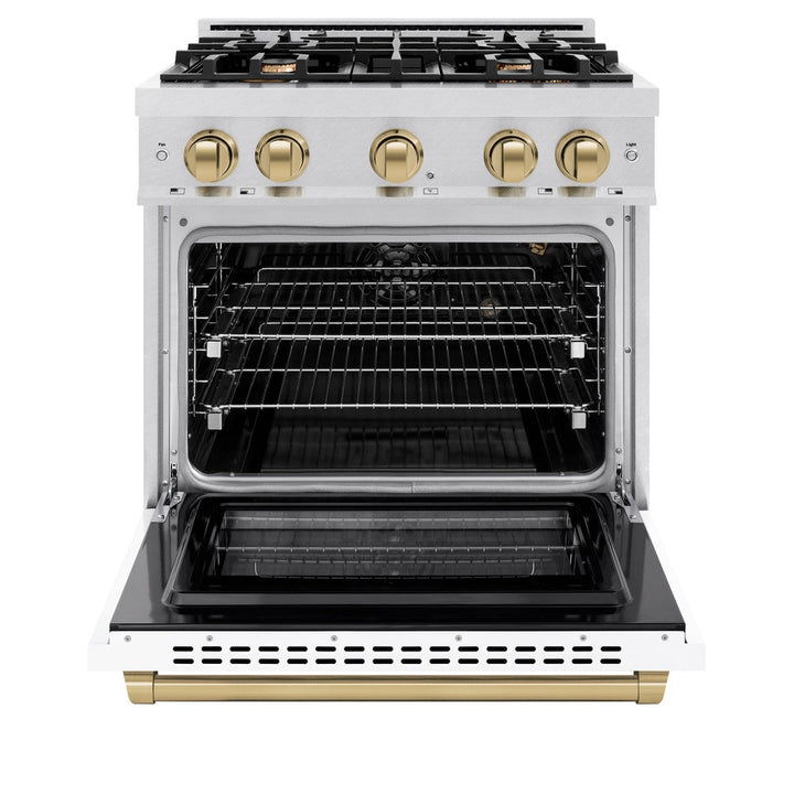 ZLINE Autograph 30" 4.2 cu. ft. Select Gas Range with 4 Burners in DuraSnow® Stainless Steel with White Matte Door and Champagne Bronze Accents, HGRSZ-WM-30-CB