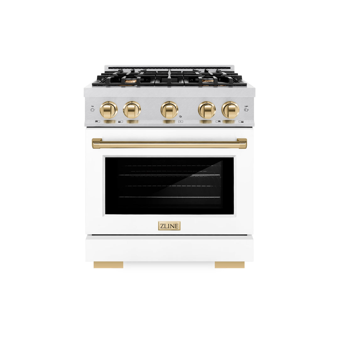 ZLINE Autograph 30" 4.2 cu. ft. Select Gas Range with 4 Burners in DuraSnow® Stainless Steel with White Matte Door and Polished Gold Accents, HGRSZ-WM-30-G