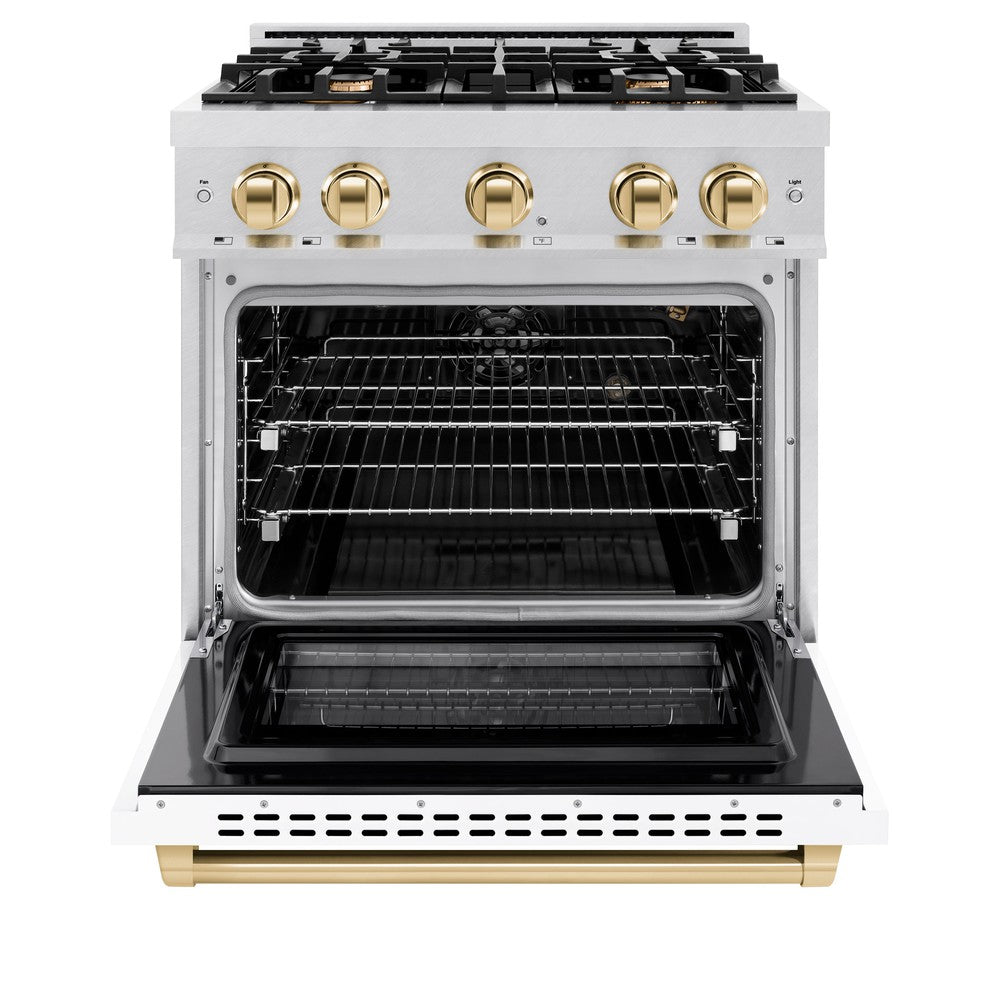 ZLINE Autograph 30" 4.2 cu. ft. Select Gas Range with 4 Burners in DuraSnow® Stainless Steel with White Matte Door and Polished Gold Accents, HGRSZ-WM-30-G