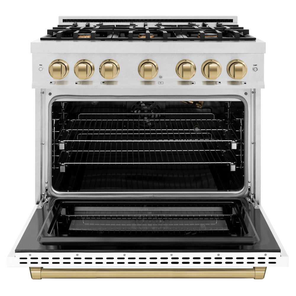 ZLINE Autograph 36" 5.2 cu. ft. Select Gas Range with 6 Burners in DuraSnow® Stainless Steel with White Matte Door and Champagne Bronze Accents, HGRSZ-WM-36-CB