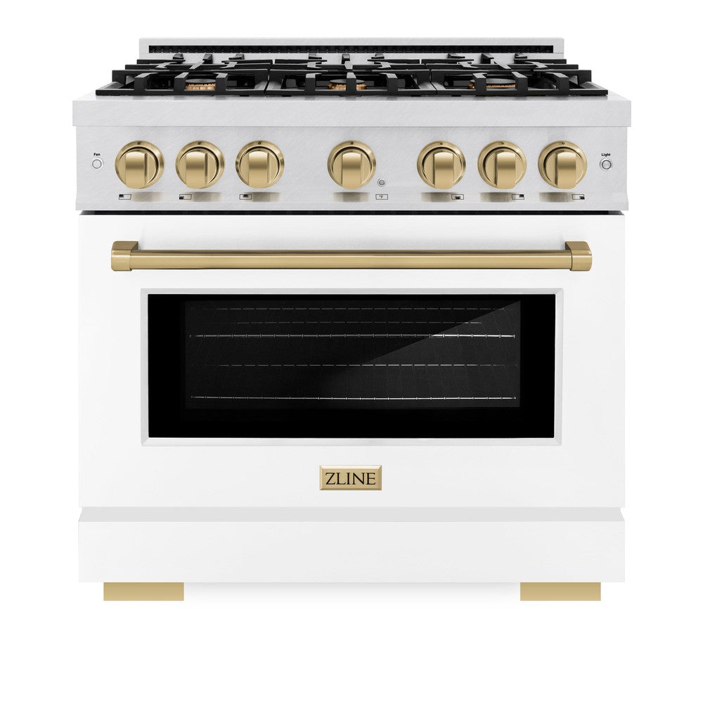 ZLINE Autograph 36" 5.2 cu. ft. Select Gas Range with 6 Burners in DuraSnow® Stainless Steel with White Matte Door and Champagne Bronze Accents, HGRSZ-WM-36-CB