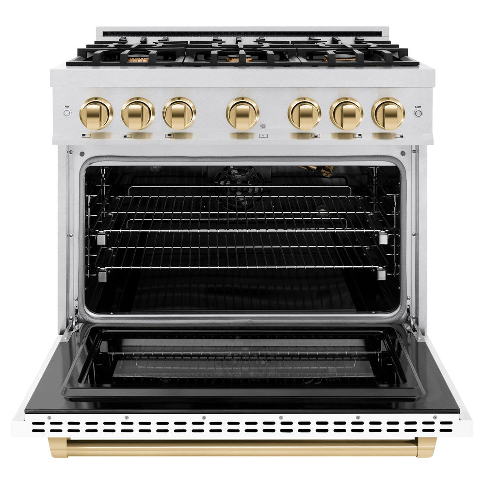 ZLINE Autograph 36" 5.2 cu. ft. Select Gas Range with 6 Burners in DuraSnow® Stainless Steel with White Matte Door and Polished Gold Accents, HGRSZ-WM-36-G