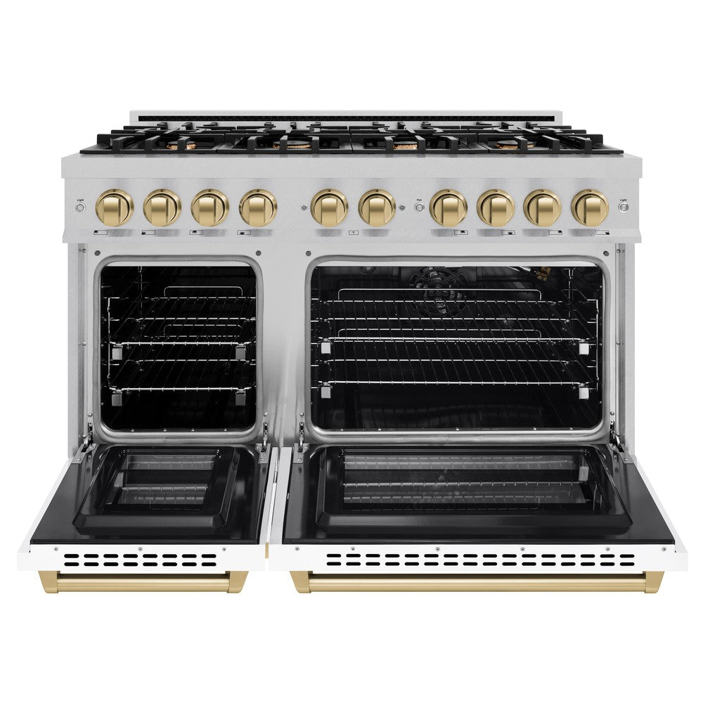 ZLINE Autograph 48" 6.7 cu. ft. Select Double Oven Gas Range with 8 Burners in DuraSnow® Stainless Steel with White Matte Doors and Champagne Bronze Accents, HGRSZ-WM-48-CB