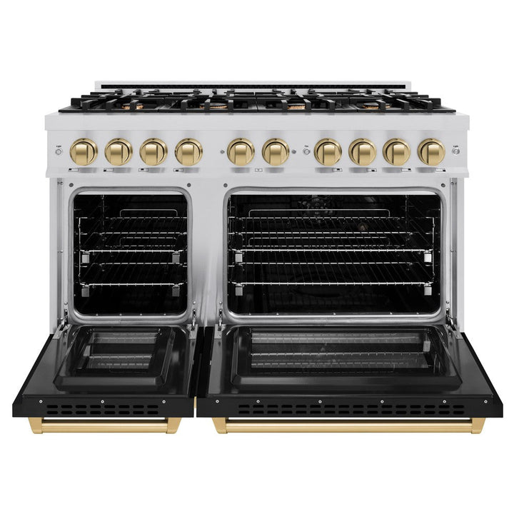 ZLINE Autograph 48" 6.7 cu. ft. Select Double Oven Dual Fuel Range with 8 Burners in Stainless Steel with Black Matte Doors and Champagne Bronze Accents, HDRZ-BLM-48-CB