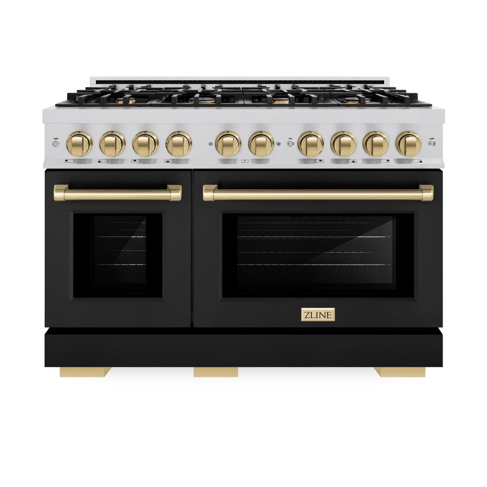 ZLINE Autograph 48" 6.7 cu. ft. Select Double Oven Dual Fuel Range with 8 Burners in Stainless Steel with Black Matte Doors and Champagne Bronze Accents, HDRZ-BLM-48-CB