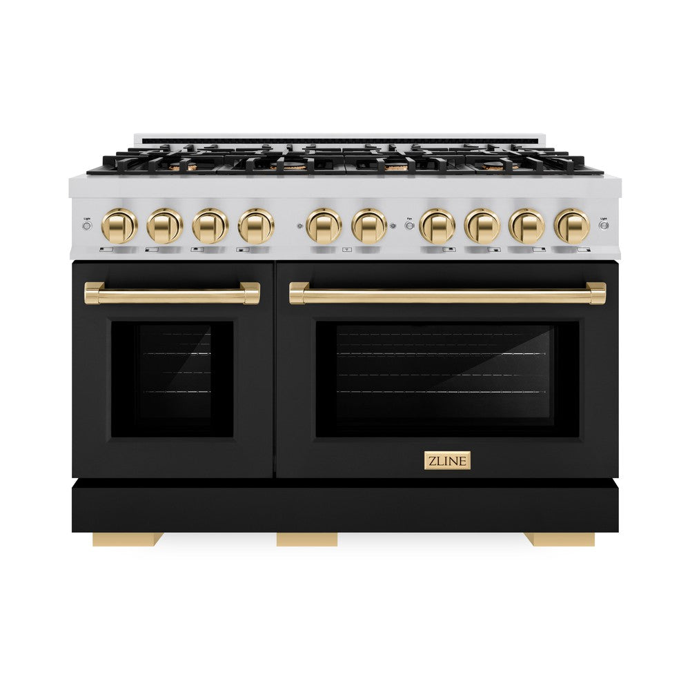 ZLINE Autograph 48" 6.7 cu. ft. Select Double Oven Dual Fuel Range with 8 Burners in Stainless Steel with Black Matte Doors and Polished Gold Accents, HDRZ-BLM-48-G