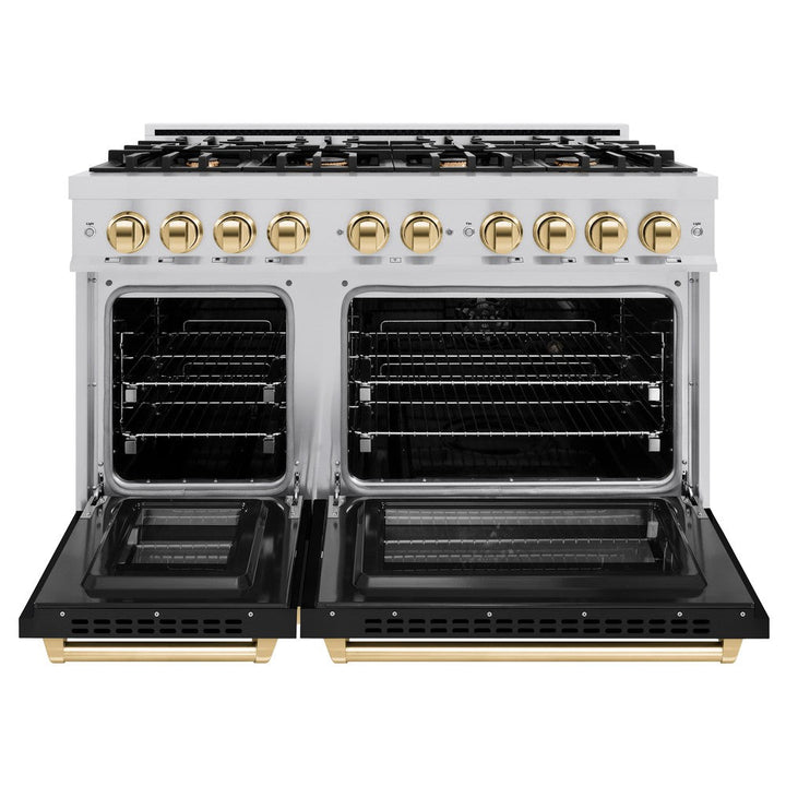 ZLINE Autograph 48" 6.7 cu. ft. Select Double Oven Dual Fuel Range with 8 Burners in Stainless Steel with Black Matte Doors and Polished Gold Accents, HDRZ-BLM-48-G