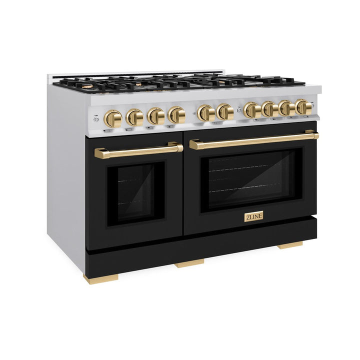 ZLINE Autograph 48" 6.7 cu. ft. Select Double Oven Dual Fuel Range with 8 Burners in Stainless Steel with Black Matte Doors and Polished Gold Accents, HDRZ-BLM-48-G