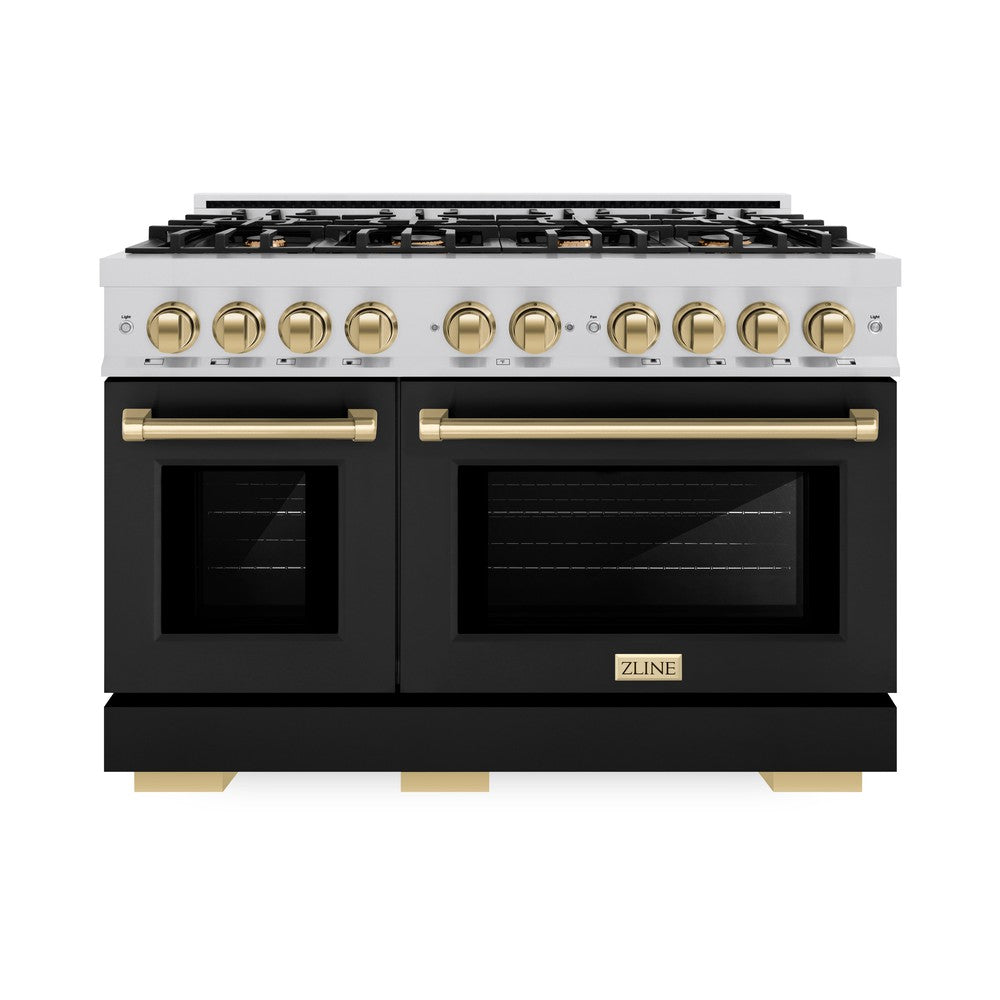 ZLINE Autograph 48" 6.7 cu. ft. Select Double Oven Gas Range with 8 Burners in Stainless Steel with Black Matte Doors and Champagne Bronze Accents, HGRZ-BLM-48-CB