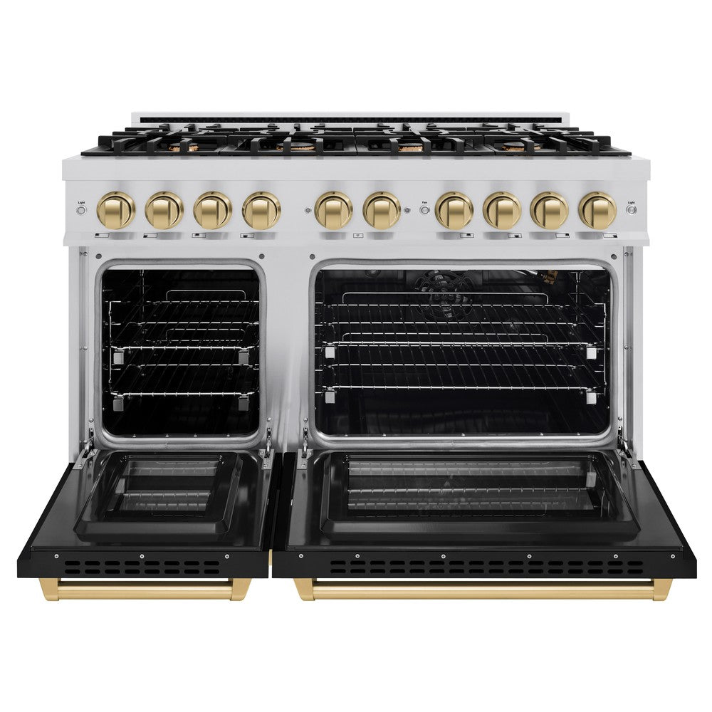 ZLINE Autograph 48" 6.7 cu. ft. Select Double Oven Gas Range with 8 Burners in Stainless Steel with Black Matte Doors and Champagne Bronze Accents, HGRZ-BLM-48-CB