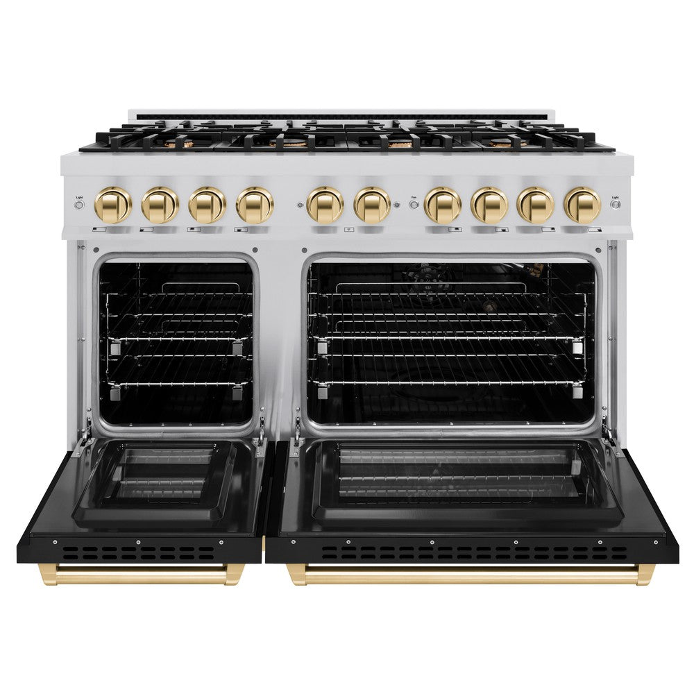 ZLINE Autograph 48" 6.7 cu. ft. Select Double Oven Gas Range with 8 Burners in Stainless Steel with Black Matte Doors and Polished Gold Accents, HGRZ-BLM-48-G