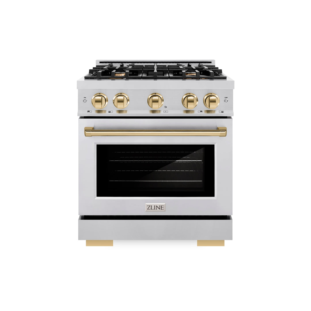 ZLINE Autograph 30" 4.2 cu. ft. Select Dual Fuel Range with 4 Burners in Stainless Steel with Polished Gold Accents, HDRZ-30-G