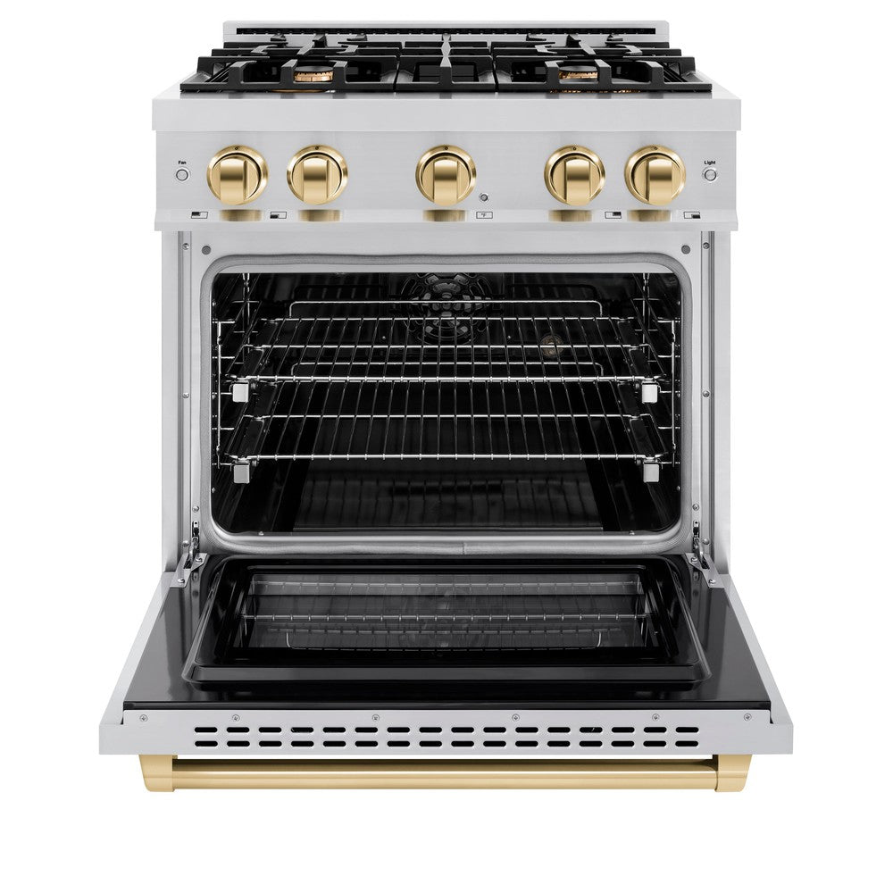 ZLINE Autograph 30" 4.2 cu. ft. Select Dual Fuel Range with 4 Burners in Stainless Steel with Polished Gold Accents, HDRZ-30-G