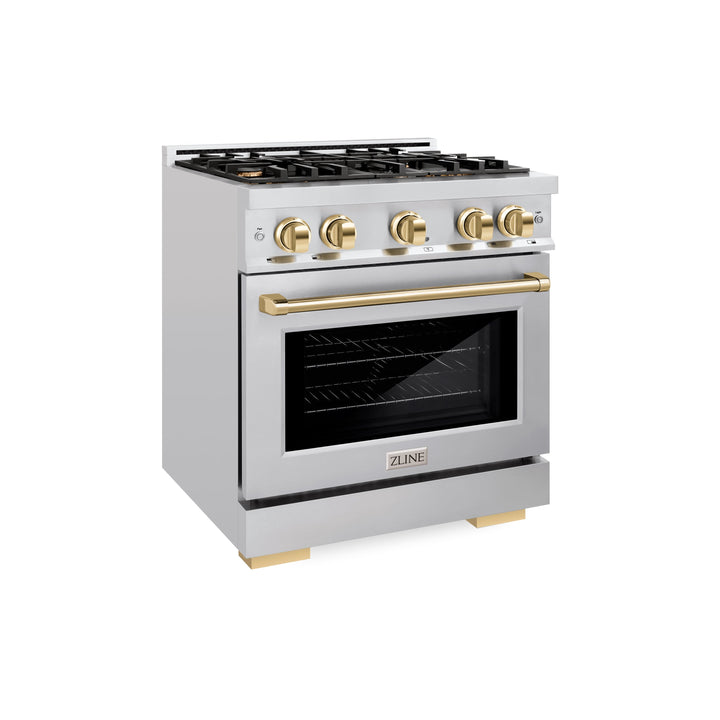 ZLINE Autograph 30" 4.2 cu. ft. Select Dual Fuel Range with 4 Burners in Stainless Steel with Polished Gold Accents, HDRZ-30-G