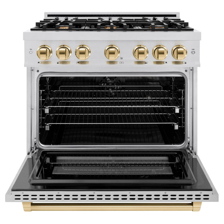 ZLINE Autograph 36" 5.2 cu. ft. Select Dual Fuel Range with 6 Burners in Stainless Steel with Polished Gold Accents, HDRZ-36-G