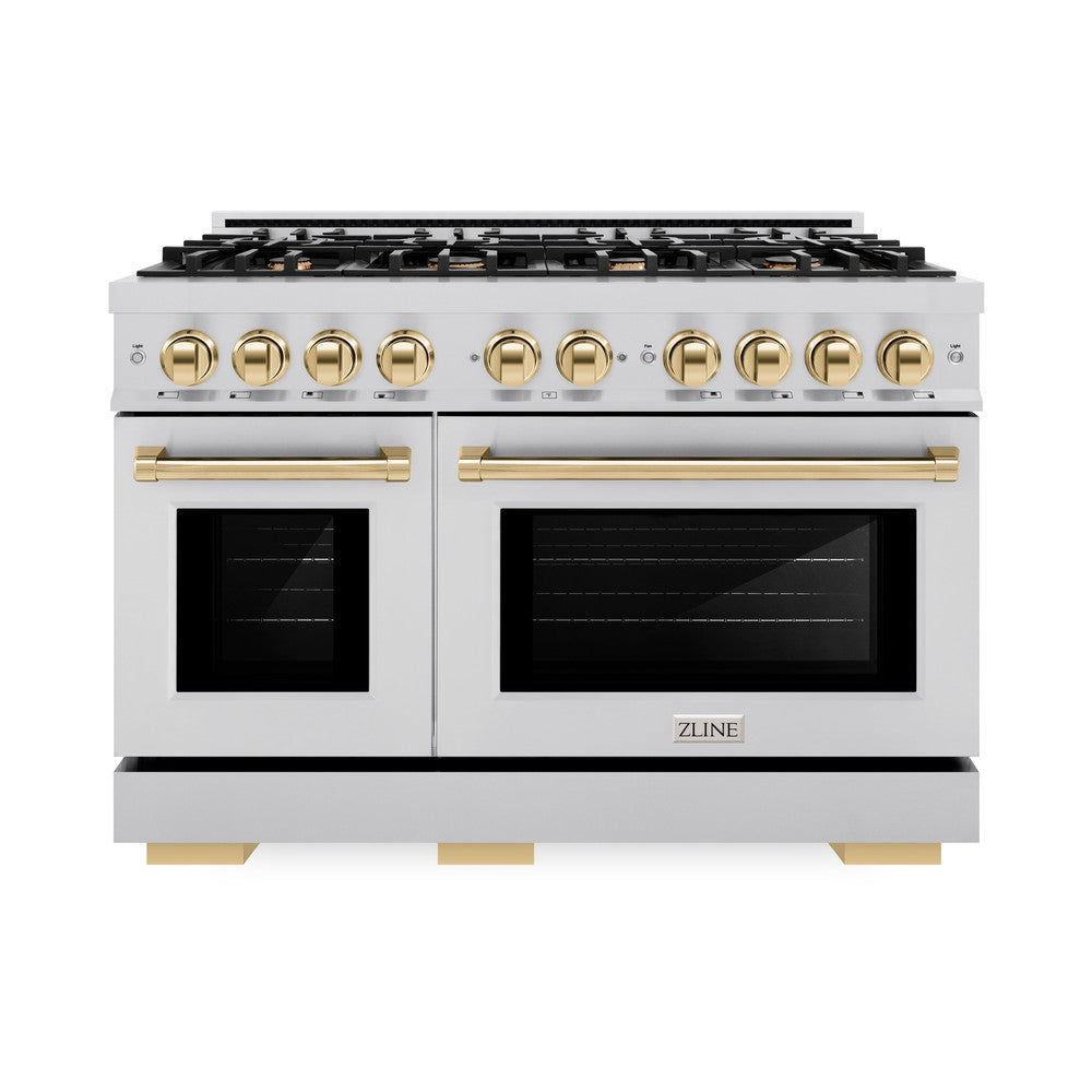 ZLINE Autograph 48" 6.7 cu. ft. Select Double Oven Dual Fuel Range with 8 Burners in Stainless Steel and Polished Gold Accents, HDRZ-48-G