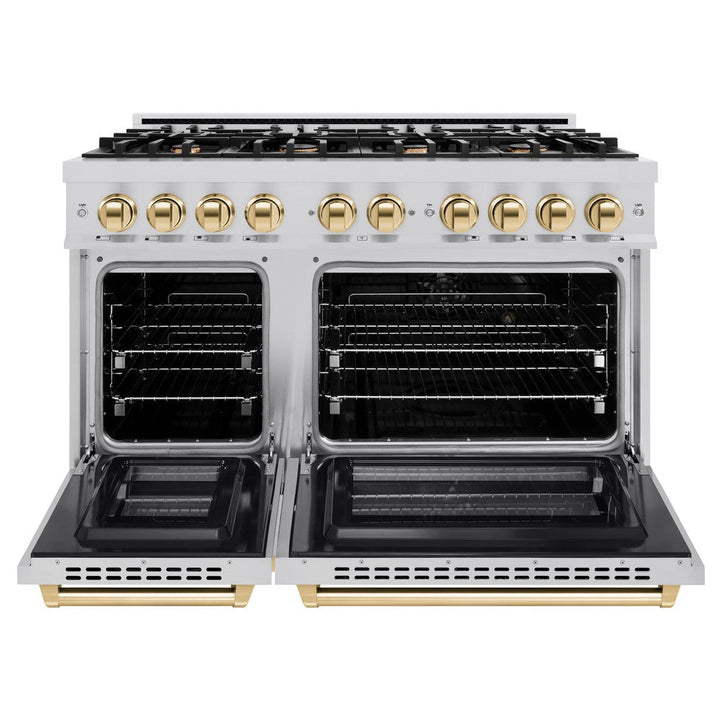 ZLINE Autograph 48" 6.7 cu. ft. Select Double Oven Dual Fuel Range with 8 Burners in Stainless Steel and Polished Gold Accents, HDRZ-48-G