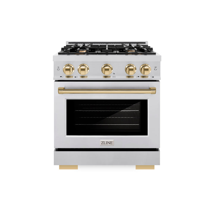 ZLINE Autograph 30" 4.2 cu. ft. Select Gas Range with 4 Burners in Stainless Steel and Polished Gold Accents, HGRZ-30-G