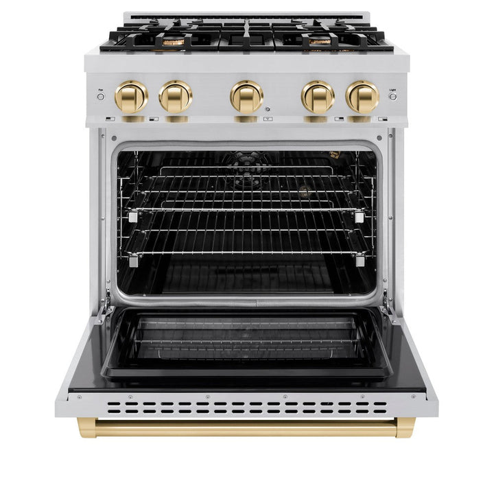 ZLINE Autograph 30" 4.2 cu. ft. Select Gas Range with 4 Burners in Stainless Steel and Polished Gold Accents, HGRZ-30-G